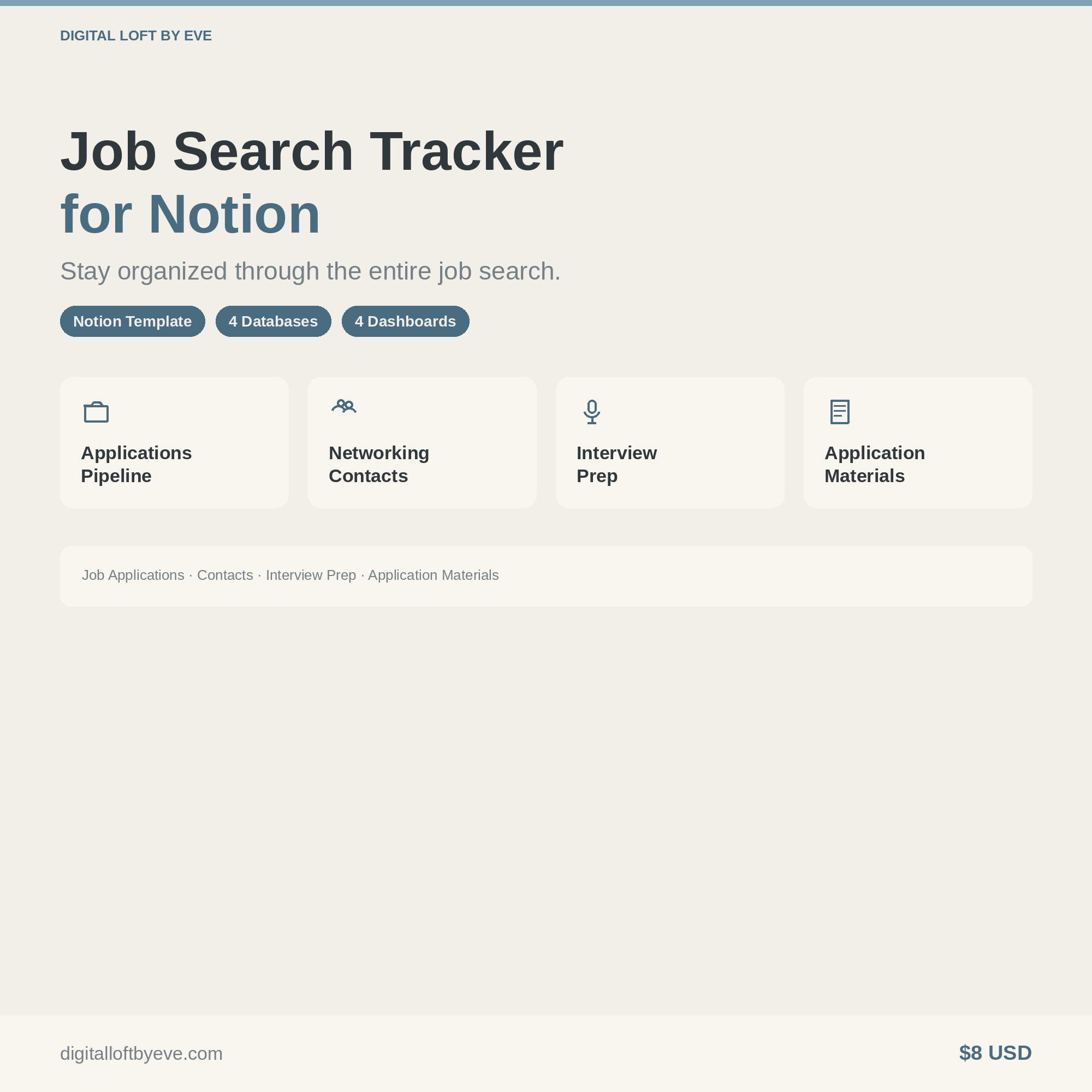 Job Search Tracker Notion Template — Applications, Contacts, Interview Prep & Resumes
