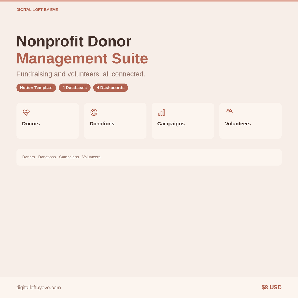 Nonprofit Donor Management Notion Template — Donors, Campaigns & Volunteers