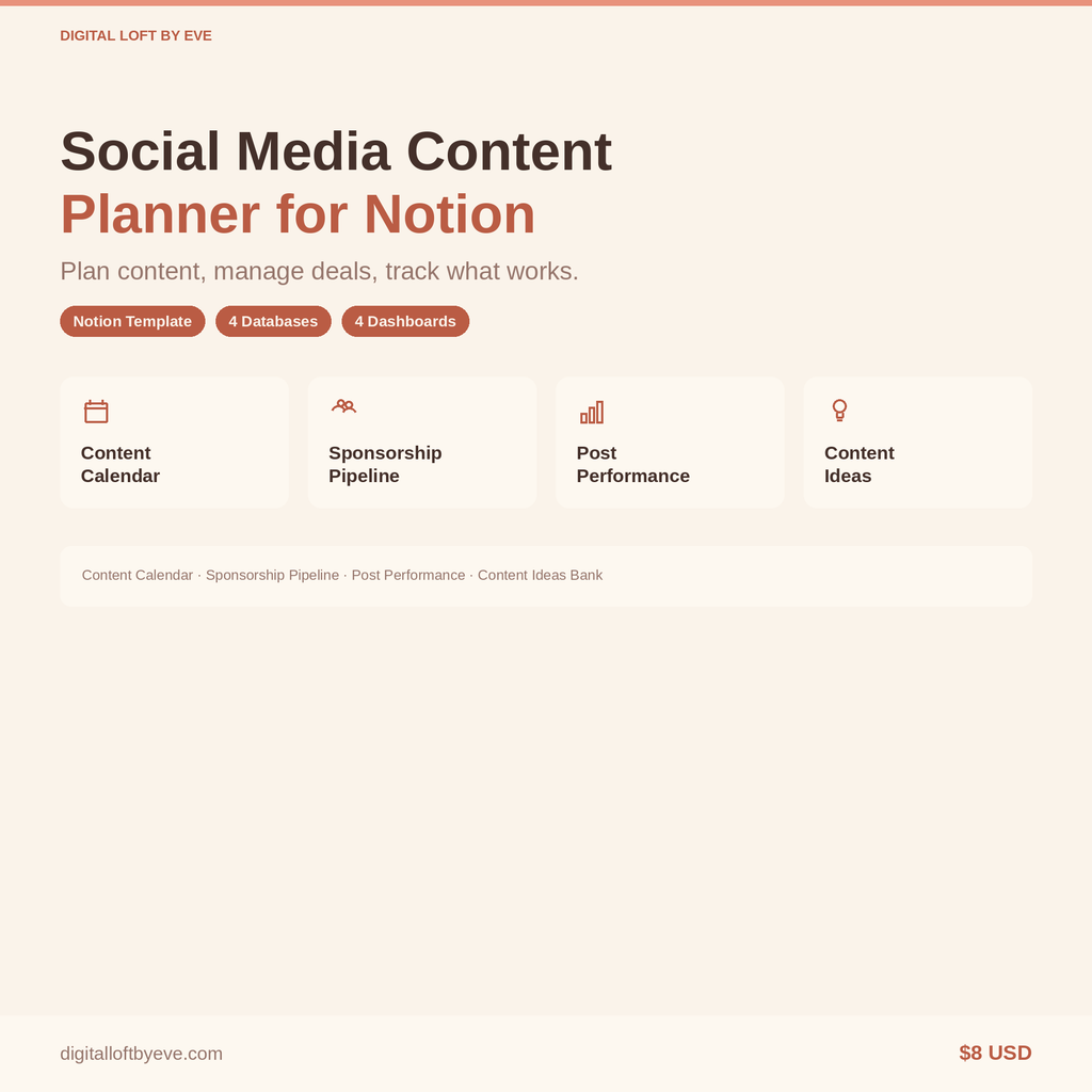 Social Media Content Planner Notion Template — Content Calendar, Sponsorships & Analytics
