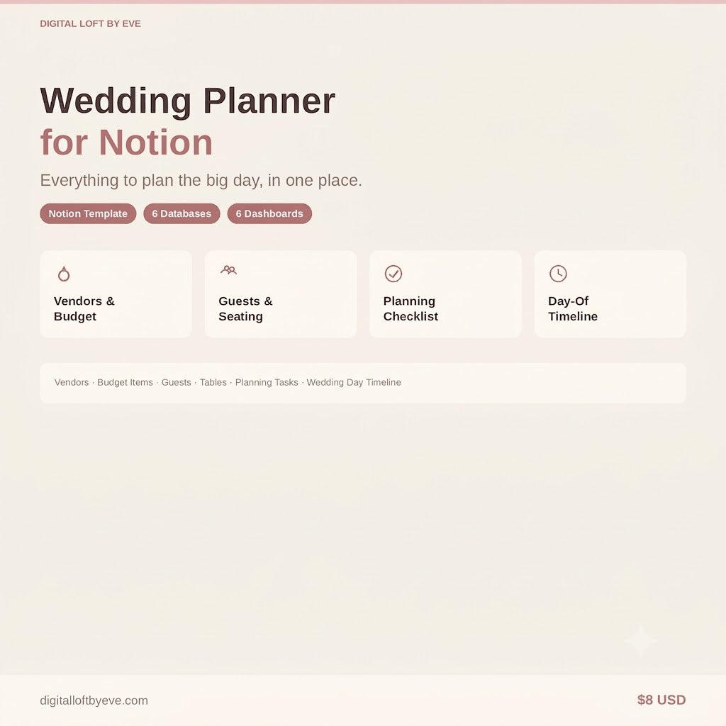 Wedding Planner Notion Template — Guest List, Vendor Tracker, Budget & Timeline